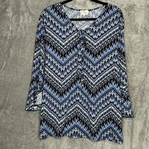 Carol Rose 1X Shirt Top Blue Chevron Striped Keyhole V Neck Flounce 3/4 Sleeve